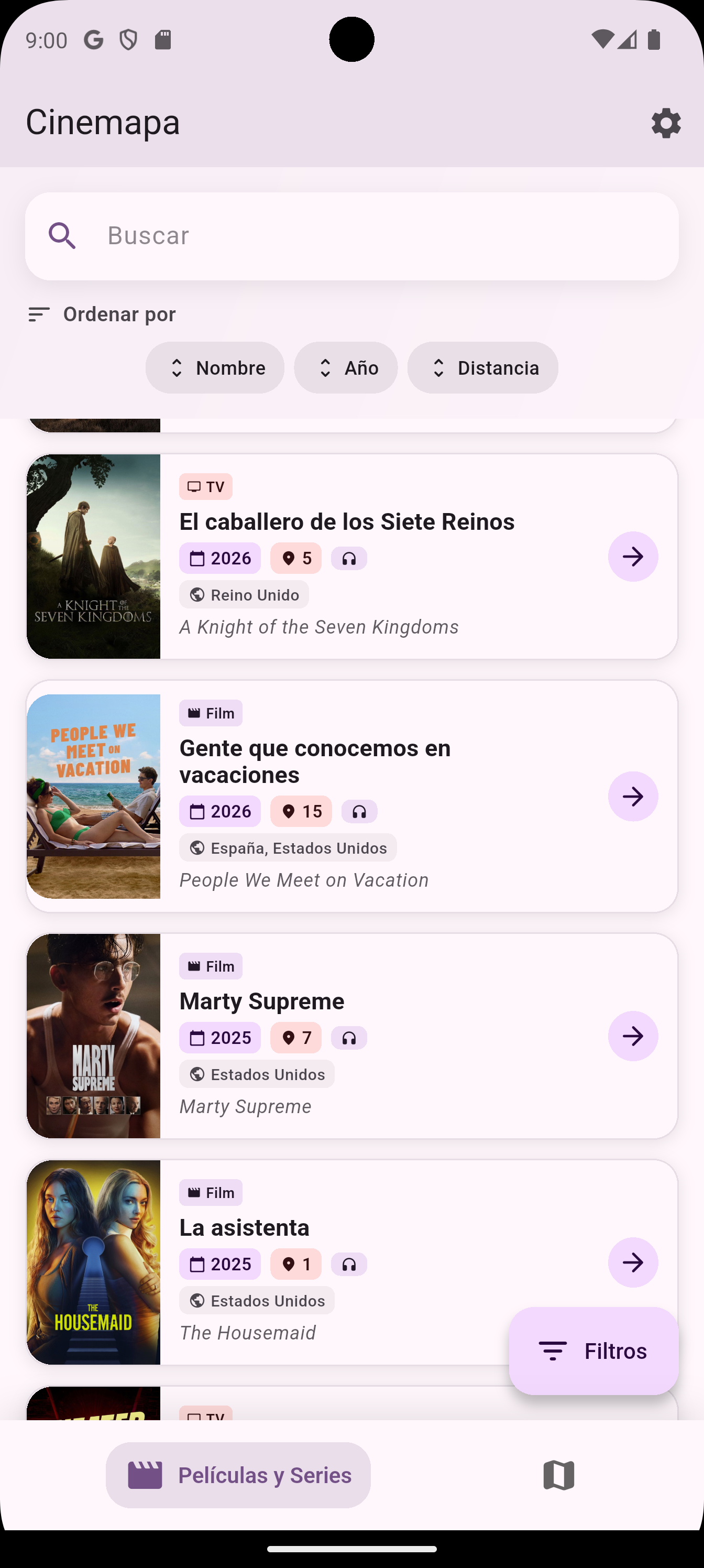 Captura de la aplicación Cinemapa mostrando localizaciones en un mapa
